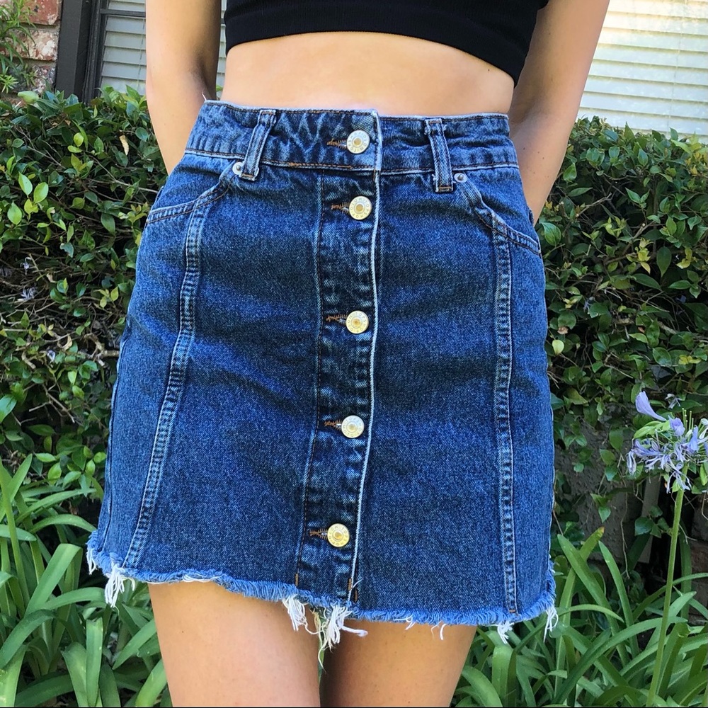Topshop Button Front Blue Denim High Waisted Mini Skirt with Frayed Bottom